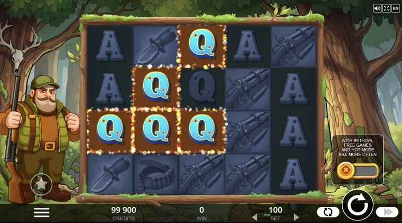 Hunt the Bucks - hoofdspeelscherm 5x4 met bosdieren en munttekens