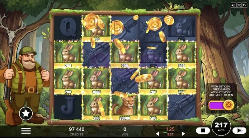 Hunt the Bucks - speciale symbolen Hunter-Wild, Scatter en Animal Credit op het raster